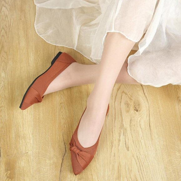 Women's Pointed Toe Knit Brown Flats Comfortable Lightweight Dressy Casual Shoes - Picture 8 of 9